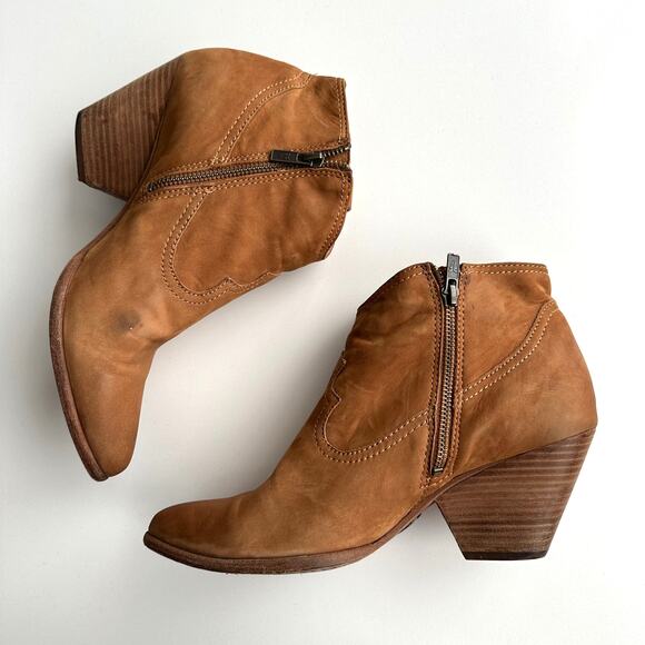 Frye Reina Cognac Nubuck Side Zip Stack Wood Heel Cowboy Western Ankle Boots 10 - Picture 2 of 12